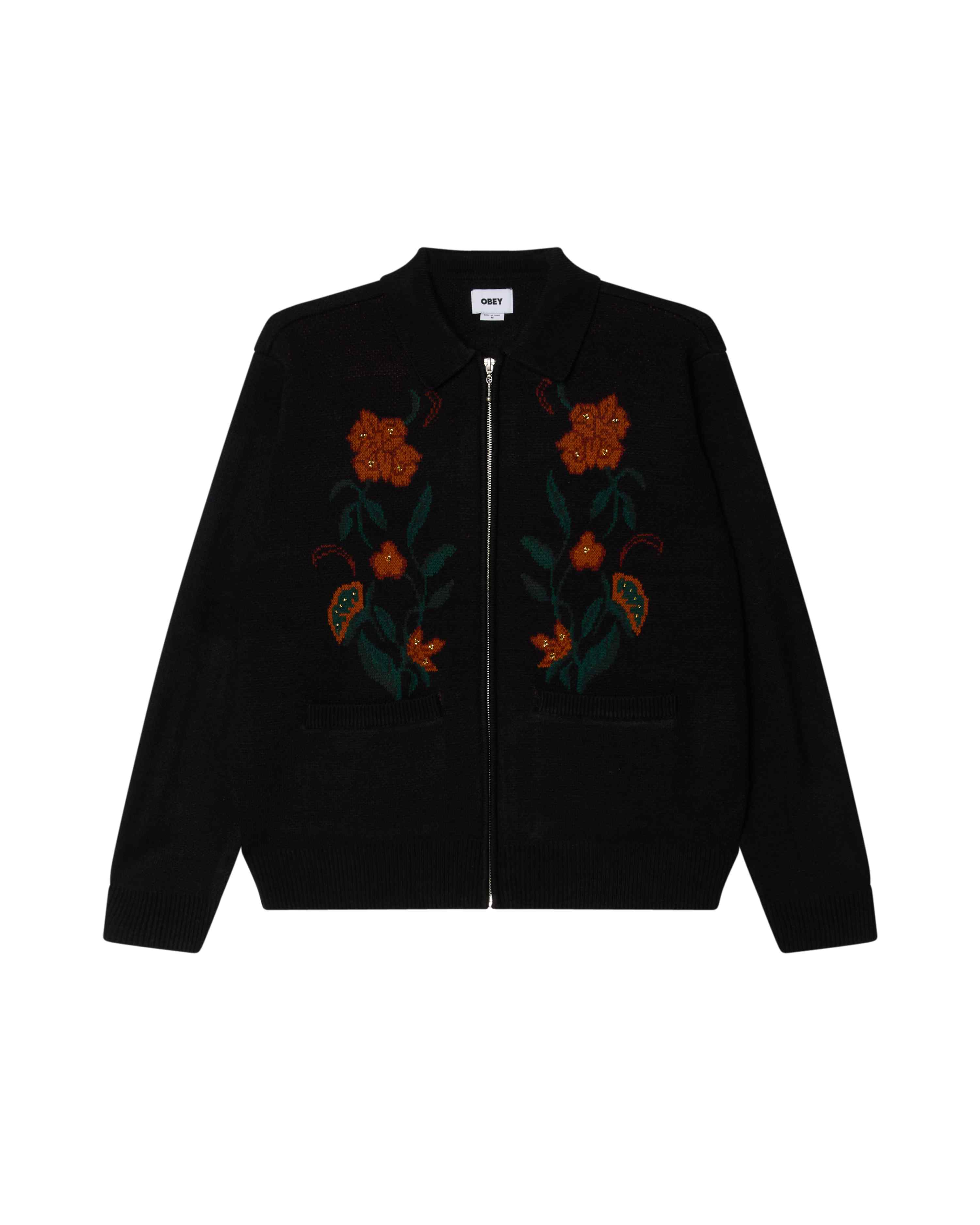 Floral Zip Cardigan Black