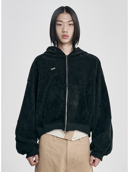Corduroy Short Zip-Up Hoodie Black