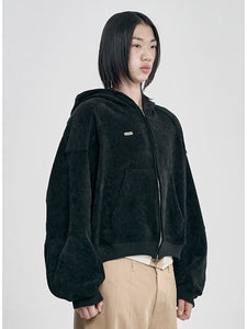 Corduroy Short Zip-Up Hoodie Black