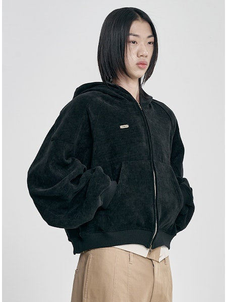 Corduroy Short Zip-Up Hoodie Black