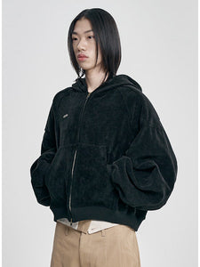 Corduroy Short Zip-Up Hoodie Black
