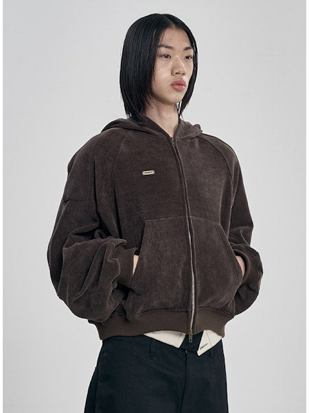 Corduroy Short Zip-Up Hoodie Brown