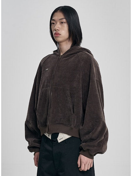 Corduroy Short Zip-Up Hoodie Brown