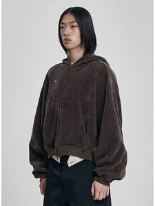 Corduroy Short Zip-Up Hoodie Brown