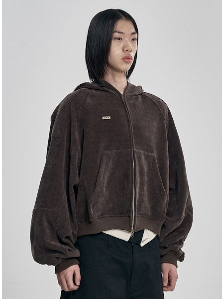 Corduroy Short Zip-Up Hoodie Brown
