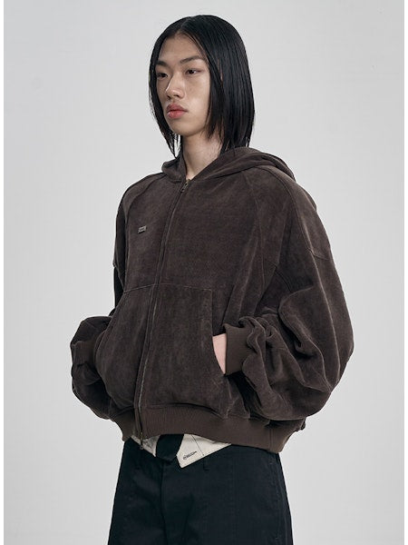 Corduroy Short Zip-Up Hoodie Brown