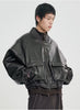 Faux Leather Ribbed Collar Blouson