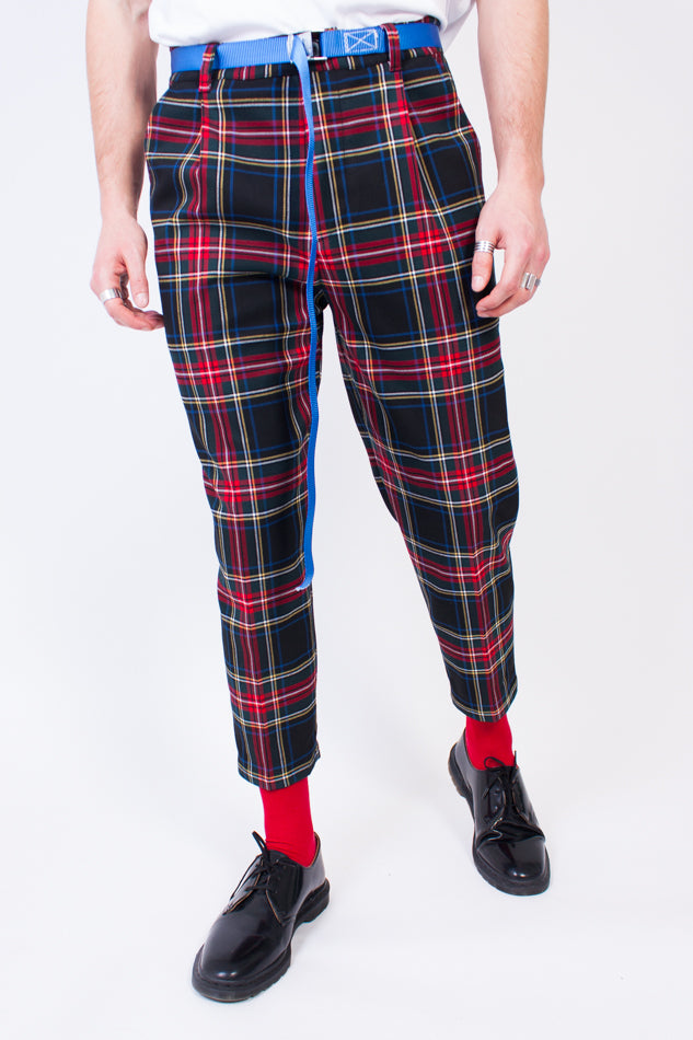 Red and black check trousers sales