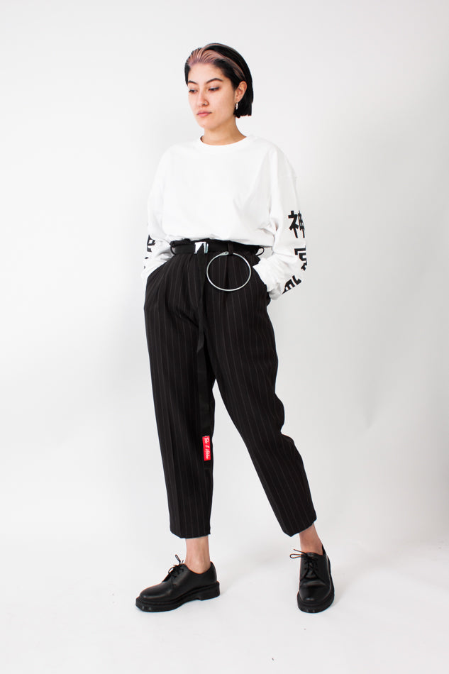 Cropped & Pleated Pinstripe Pants B&W