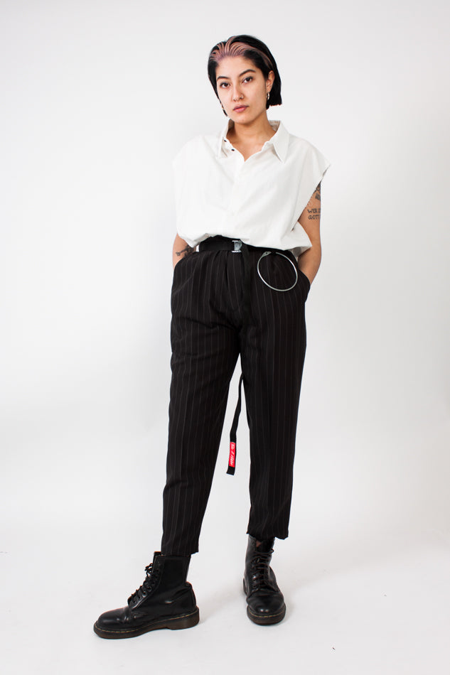 Cropped & Pleated Pinstripe Pants B&W